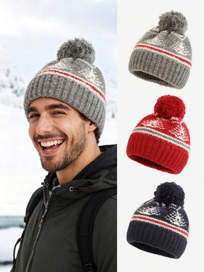1pc Unisex Patterned Knit Beanie Hat With Pom Pom, Soft & Warm For Autumn/Winter, Fashionable Accessory, Suitable As Gift Winter Clothing Men Winter Head