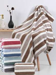 1pc/2pcs Soft & Comfortable Skin-Friendly Bath Towel, Striped Quick-Drying Super Absorbent Microfiber Coral Fleece Towel, Suitable For All Seasons, Unisex Adult, Gray, 34*75cm/70*140cm/90*180cm, Multi-Purpose For Bathroom, Shower, Swimming, Gym & More - Multicolor - View 2