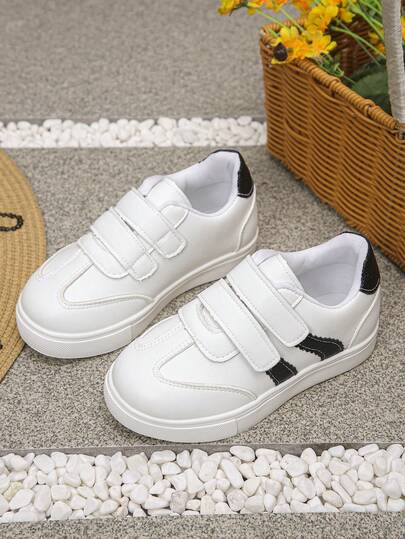 1 Đôi Giày Thể Thao Unisex Trẻ Em Màu Trắng, Thời Trang, Thoải Mái, Đa Năng, Có Khóa Dán