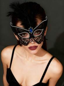 Máscara de encaje con rhinestones de lujo, máscara negra hueca con plumas artificiales, accesorio de nivel de reina para fiesta de mascarada veneciana, máscara de ojos romántica para pareja disfraz del Día de San Valentín - Negro - Ver 8