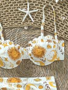 3pcs Sexy Fashion Cream & Brown Printed Set - Underwire Bra + High-Waist Panty + Drawstring Mini Skirt | Beach Vacation Swimwear - Yellow - View 7