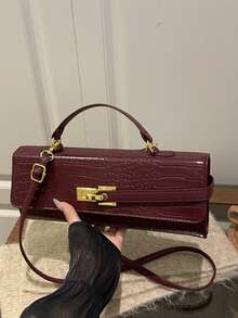 New BV Style Crocodile Embossed Structured Baguette Bag, Burgundy Fashion Personalized Crease Handbag, Strap Decor, Unique Metal Lock Closure, Women's Party Evening Bag, Commute Shoulder Crossbody Bag, Suitable For Office, Dating, Wedding, Gift, Prom, Valentine's Day, Daily Use - Burgundy - View 10