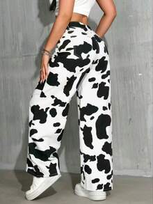 女式牛仔印花宽松直筒牛仔裤 - 黑與白 - 查看 2