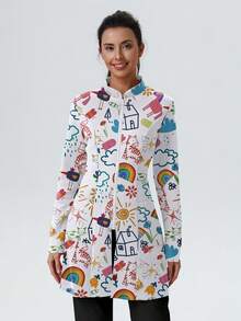 cimmuovere Women's Rainbow Print Zip Front Scrubs Jacket With Pockets, Nurse Uniform, Workwear For Dentist, Healthcare, Pet Hospital, Laboratory