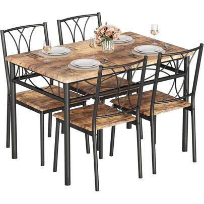 Conjunto de mesa de comedor de cocina de 5 piezas Muebles, mesa y sillas Conjunto de 4 personas, marco de metal Mesa rectangular moderna de madera con / sin sillas tapizadas para pequeño espacio comedor, comedor