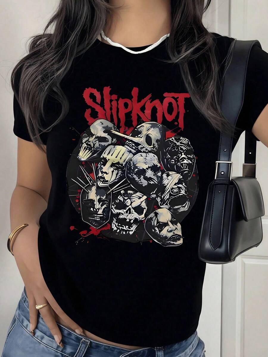 Graphic T-Shirt Gothic Metal Band, Skull Mask Short Sleeve, Grunge Aesthetic Y2K Women's - 黑色 - 查看 1