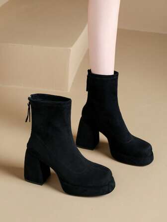 Women's High Heel Boots, Black Boots With Back Zipper, Waterproof Platform Thick Heel Faux Suede Fashion Ankle Boots, Daily Office Boots, Brown & Ankle Boots