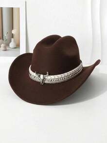 Sombrero de vaquero estilo occidental de poliéster para hombres y mujeres, gorra de estilo vintage, decoración de cabeza de vaca dorada, adecuado para uso casual diario, fiesta vaquera, sombrero de vaquero (talla única) - A - Ver 7