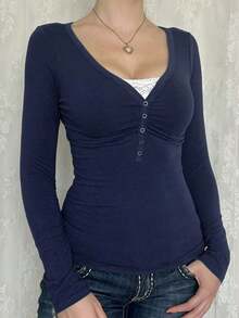 Women's T-Shirt Y2K Fall Clothes Casual Daily Sexy Solid Color Lace Contrasting Color Slim Long Sleeve V-Neck Top - 藍色 - 查看 3