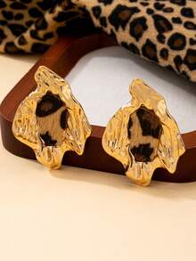 1对女士耳环，时尚不对称几何豹纹波浪耳环，适合冬季佩戴 - 金黃色 - 查看 2