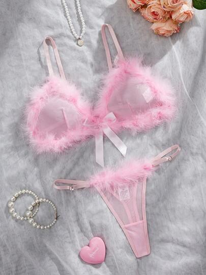 ROMWE Kawaii 2pcs Sexy Lingerie Set For Women, Includes Sheer Mesh Bra With Fluffy Trim And Matching Thong Panty, Suitable For Valentine's Day, Dates, Nightclub Wear
