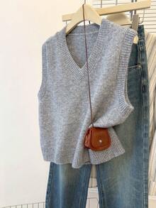 JIANHU 浅灰色 V 领针织毛衣背心 - 秋冬、办公室派对和休闲周末 - 灰色 - 查看 6