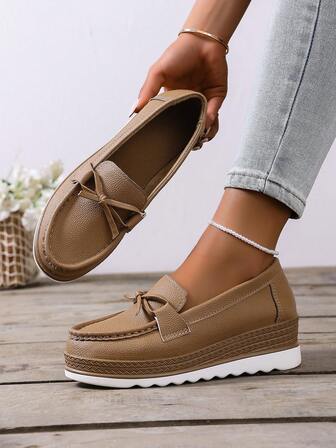 Women's Loafers Soft Bottom Round Toe Bow Decor Slip-On Breathable Casual Slouchy Shoes, Solid Color