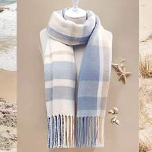 1PC Women's Autumn And Winter New Collection: Fresh And Elegant Imitation Checkered Tassel National Scarf, Fashionable And Versatile Warm Scarf, Suitable For Keeping Warm In Autumn And Winter. This Elegant, Beautiful And Romantic Scarf Can Be Used As A Christmas, New Year And Spring Festival Gift For Family, Loved Ones And Friends. - Blue white - 查看 8