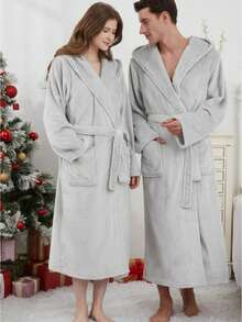 情侣舒适法兰绒浴袍 - 厚实柔软的长款浴袍，带口袋和腰带，条纹设计，可搭配家居服或睡衣，也可作为晨袍穿着，美式简约长袖睡衣 - 秋冬季居家舒适之选，圣诞节和情人节送给爱人的完美礼物！ - 彩色 - 查看 4