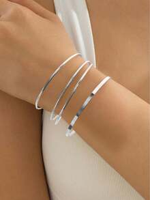 Set de 4 piezas de pulseras tipo brazalete con diseño floral hueco, elegante y minimalista en color plateado, accesorios versátiles de verano y vacaciones para mujeres - Plateado - Ver 14
