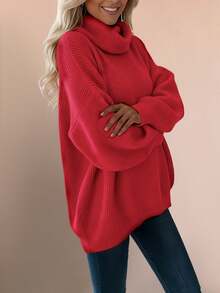 新款女士休闲时尚简约纯色针织高领毛衣，秋冬款 - 紅色 - 查看 2