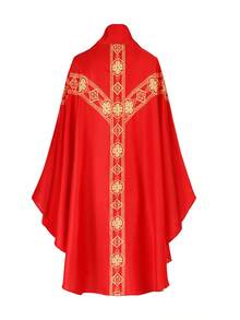 Medieval European Priest/Monk Robe Cosplay Costume, Includes: Printed Loose Robe, Fringed , Cross Accessory - Red - View 4