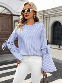 Women's Striped Fabric Bow Flared Sleeve Ruffle Hem Elegant Casual Blouse, Suitable For Travel, Daily, Office, Teacher - Blue - View 10