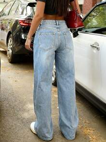 Casual Retro Loose Straight Wide-Leg Button Women Jeans - Light Wash - View 4