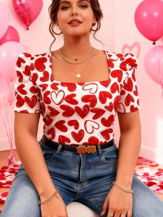 Women's V-Neck Puff Sleeve Fitted T-Shirt, Casual Daily Wear, Perfect For Couples And Valentine's Day, Fashionable And Comfortable Design