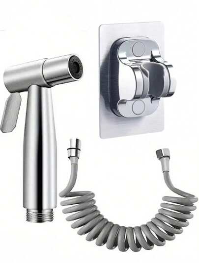 3pcs/Set Stainless Steel High Pressure Handheld Bidet Sprayer, Portable Toilet Flushing Spray Head, Multi-Functional Bathroom Cleaning Mist Kit With Hose And Holder, Provides Clean Toilet Environment, Ideal For Bathroom Cleaning, Personal Hygiene And Toilet Flushing, Modern Bathroom Accessory, Perfect Gift Bathroom Accessories Bathroom Tools