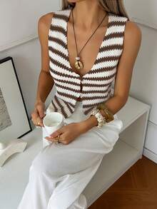 女式纽扣开衫深V领条纹针织背心