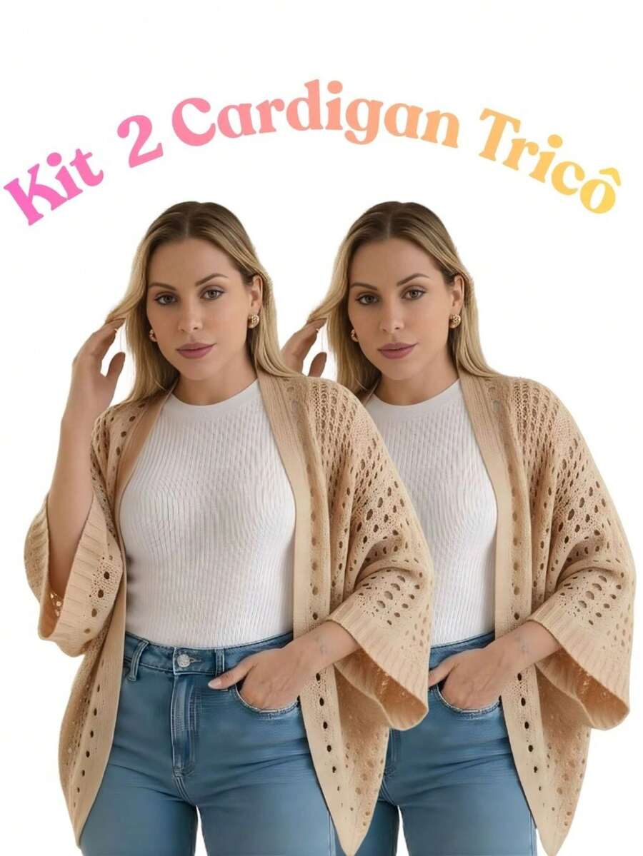 Set Of 2 Women's Cardigan Blouses, Knitted Cape, Openwork Knit, Autumn - 米色/米色 - 查看 1