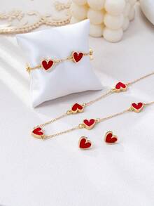 4件套时尚优雅心形金红首饰套装，包括项链、手链、耳环，适合女性日常佩戴，是情人节、送给女友、母亲的最佳礼物（不含礼盒） - 紅色 - 查看 4