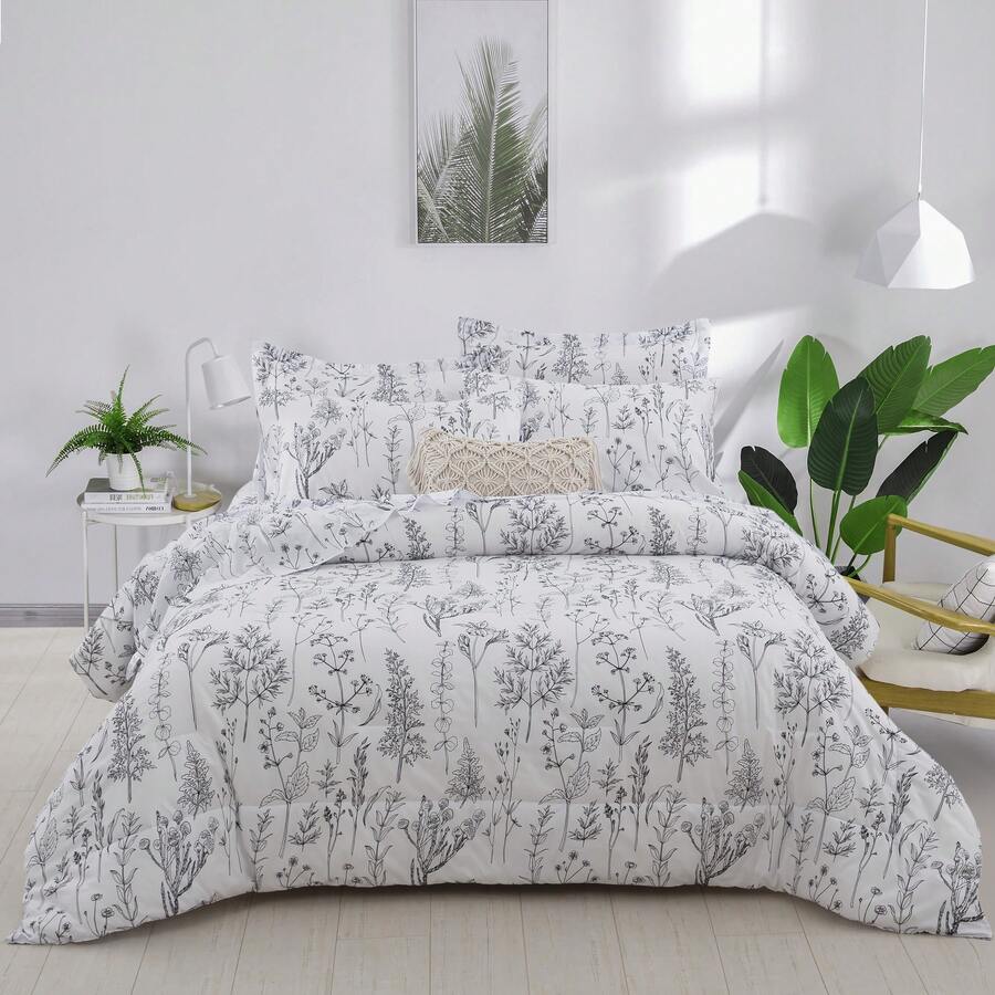 3 Pieces White Comforter Set Queen King Size, Blue Leaves Bed In A Bag Comforter Set, Soft Lightweight Bedding Sheet Set (1 Comforter, 2 Pillowcases),Wedding Items,Valentines Day Home Bed Room Decor,Mothers Day Gift,All Season - 白色 - 查看 1