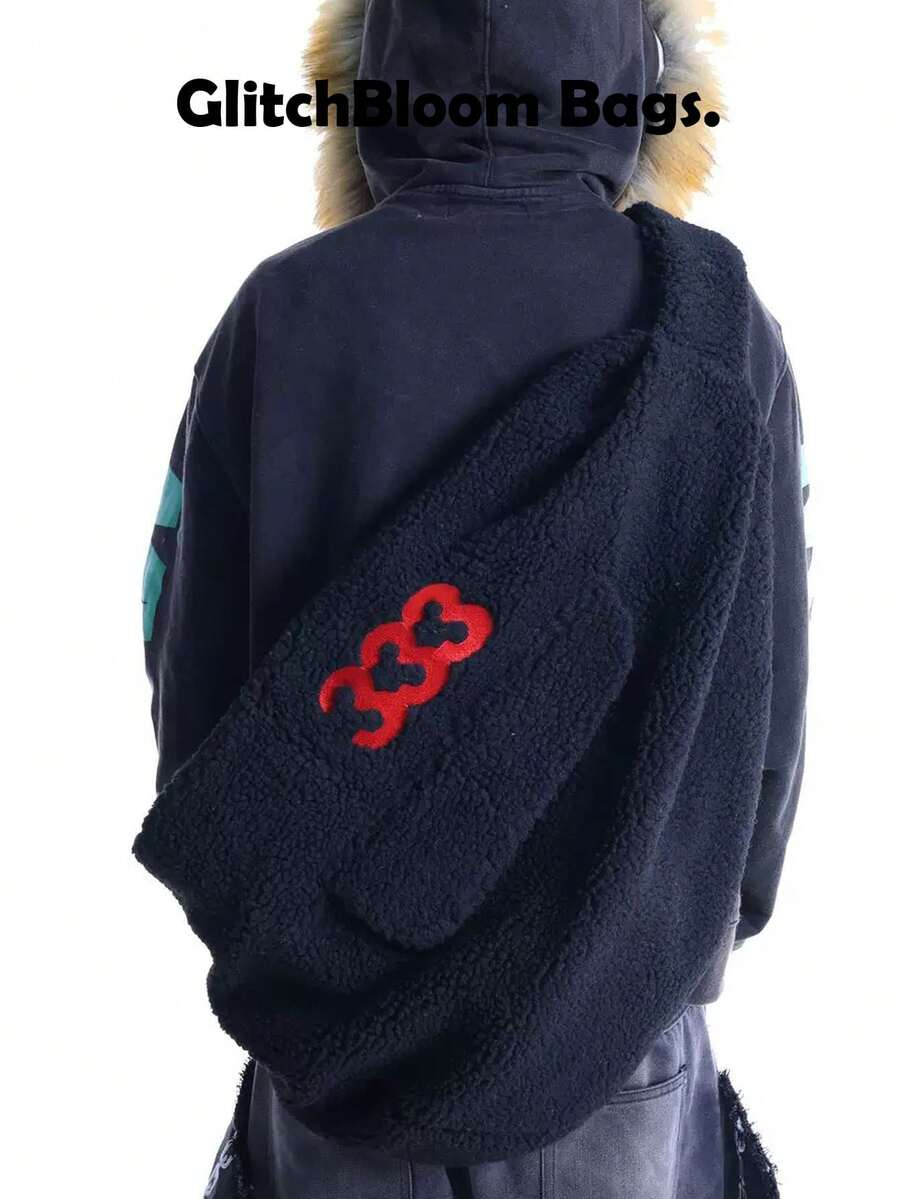 时尚大容量羊羔绒刺绣拉链多口袋斜挎包 - 黑色 - 查看 1