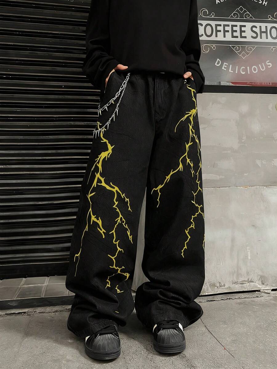 1 chiếc quần jeans nam Infinite, kiểu dáng rộng rãi, phong cách hip hop đường phố Mỹ cổ điển, thêu họa tiết tia chớp (Sản phẩm không bao gồm thắt lưng và phụ kiện) - màu đen - Xem 1