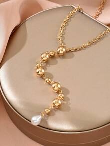 1pc Minimalist Faux Pearl Y-Necklace, Suitable For Daily Wear - Gold - View 4
