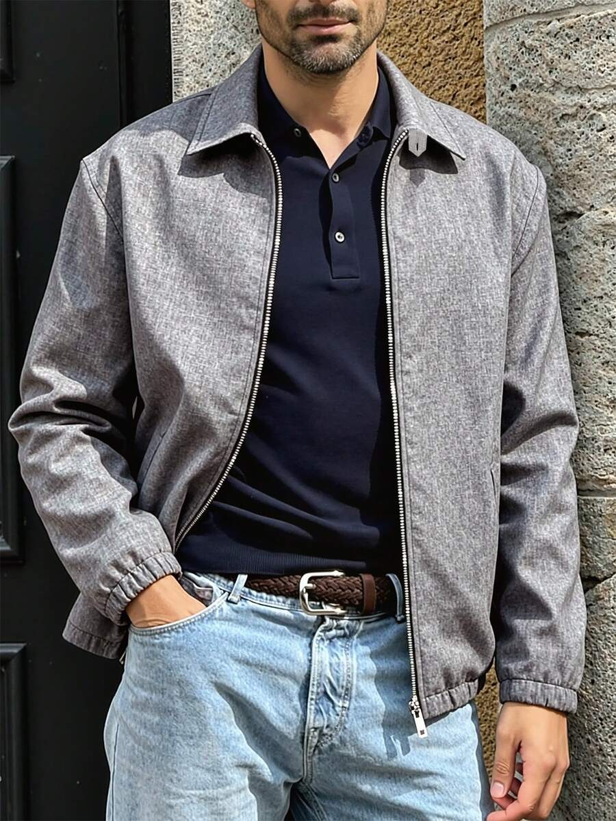 LOOKUN 复古硬币图案男士夹克，纯色简约拉链领长袖外套，春秋季 - 淺灰色 - 查看 1