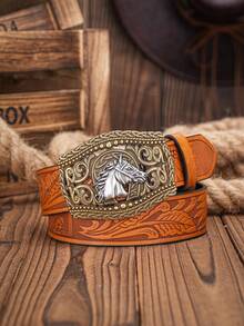 2pcs/1pc Denim, Horse Shaped Buckle Men And Women's Belt, Personalized Bull Head Buckle Waist Belt, Retro Embossed Craft Leather Belt, Suitable As Gift For Boyfriend Or Girlfriend - Multicolor - View 13