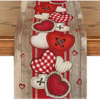 1 pieza Bandera de mesa de corazón rojo de madera para el Día de San Valentín, de material de poliéster, adecuada para aniversarios, hogar, cocina, mesa de comedor, boda y decoración de fiestas