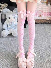 1 đôi tất nữ màu trơn cao đến đầu gối, trang trí nơ kiểu Nhật, phong cách Lolita Y2K, chống trơn trượt, vừa vặn thoải mái, thiết kế dễ thương, phù hợp cho các bữa tiệc trà Lolita. - Nhiều màu - Xem 3