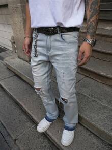 Men's Light Wash Distressed Stretch Slim Fit Flare Leg Jeans, American Casual Street Style Ripped Denim Pants, All Season - Light Wash - View 9