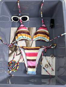 两件套卡通几何印花休闲可爱优雅性感波西米亚风系带比基尼，适合海滩度假、春夏假期 - 彩色 - 查看 4