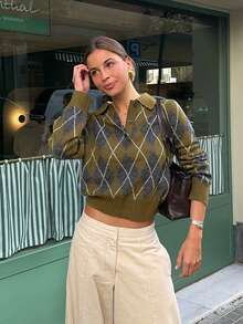 HH 2026秋冬新款菱格纹街头风针织女式POLO衫 时尚复古套头翻领女士POLO衫 - 綠色 - 查看 4