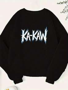 [Casual Sweatshirt]Women's Plus Size Casual Sweatshirt - "KA-KAW" Artistic Graphic, Long Sleeve, Round Neck, Polyester, Fall/Winter, Machine Washable, Ladies Sweaters |   Plus Size - 黑色 - 查看 1