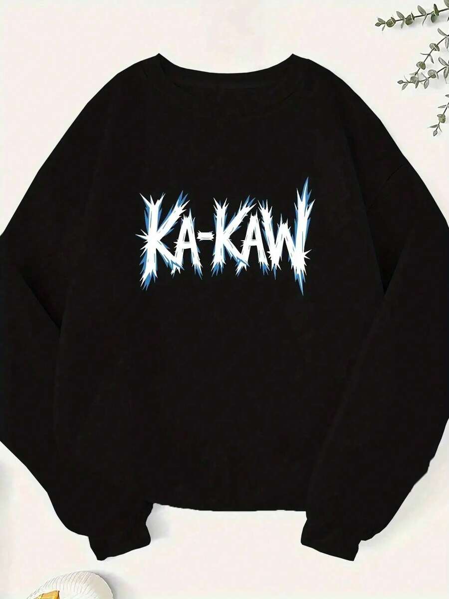 [Casual Sweatshirt]Women's Plus Size Casual Sweatshirt - "KA-KAW" Artistic Graphic, Long Sleeve, Round Neck, Polyester, Fall/Winter, Machine Washable, Ladies Sweaters |   Plus Size - 黑色 - 查看 1