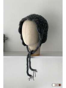 花卉图案马海毛秋冬新款保暖护耳帽，时尚灰色花卉流苏针织帽，舒适针织渔夫帽，百搭针织渔夫帽，保暖内衬针织帽，适合秋冬季节 - 小辮子花朵邊拉毛 - 查看 4