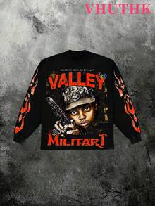 VHUTHK (250g Pure Polyester Round Neck Pullover Sweater) Valley 1981 Dreams: War Zone Peace Militart Double Sided Digital Printing, Filament Effect  Y2K Men's Round Neck Sweater In Autumn And Winter. - 黑色 - 查看 1