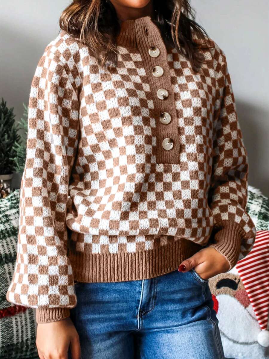 Acelitt 女士棕色棋盘格图案撞色罗纹宽松立领毛衣，冬季 - 棕色 - 查看 1