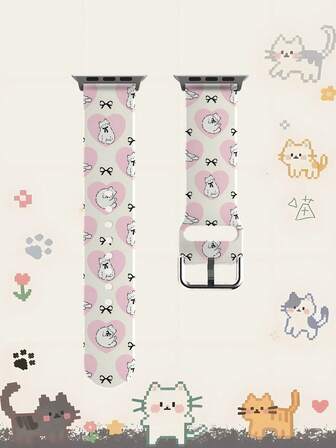 1条柔软弹力透气心形猫咪表带，适用于三星、佳明、荣耀智能手表，尺寸可选38mm、40mm、41mm、42mm、46mm、45mm、44mm、49mm；时尚休闲多色硅胶表带，兼容苹果手表Ultra SE/11/10/9/8/7/6/5/4/3/2/1