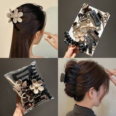 Cubidupi [Customer Favorite] 11pcs Vintage & Minimalist Hair Claw Set For Women - Large, Matte Finish With Floral Designs - Versatile Ponytail Holders