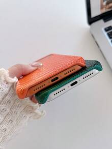 Personalized Luxury Gradient Dual-Tone Crocodile Texture Leather Phone Case, New 17 Star Universe Orange Korean Minimalist Retro Couple Phone Case, Customized Letter Name - Orange - View 7