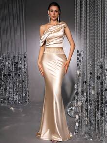 女士无袖不对称肩部褶皱设计上衣，修身蕾丝拼接针织面料上衣和半裙两件套，优雅露背派对/毕业典礼/舞会礼服 - 杏色 - 查看 1