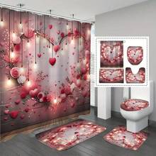 1pc/4pcs Valentine's Day Bathroom Decor Set, Includes Shower Curtain, Toilet Seat Cover, Bath Mat, Polyester Curtain, Bathroom Accessories With 12 Hooks